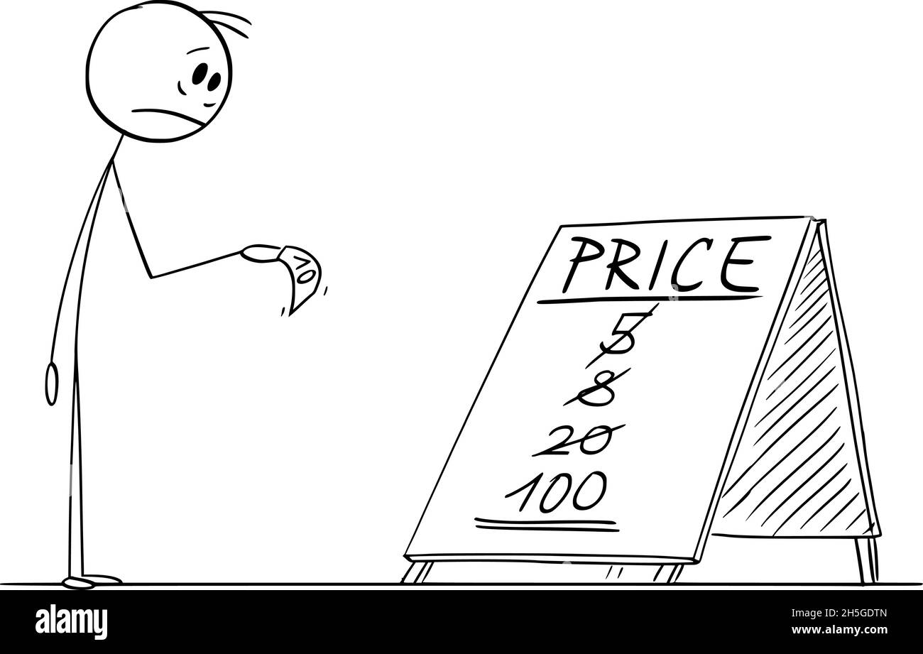 Inflazione, Lei compra meno per i suoi soldi , disegno del bastone del vettore del cartoon Illustrazione Vettoriale