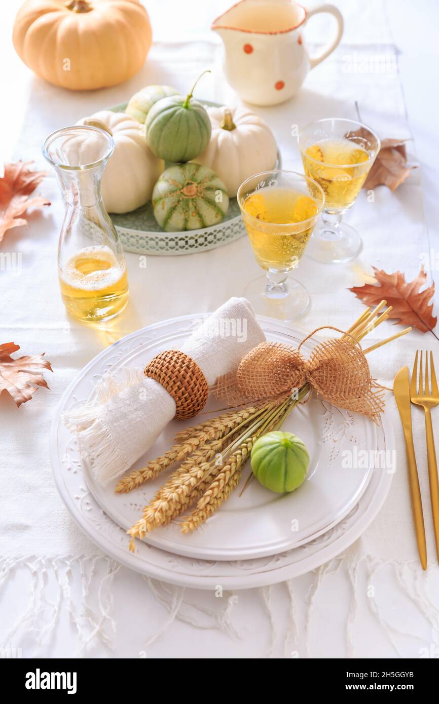 Posizionare le impostazioni per il Ringraziamento con zucche, orecchie e vino di mele Foto Stock
