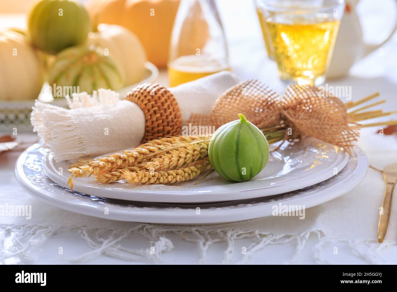 Posizionare le impostazioni per il Ringraziamento con zucche, orecchie e vino di mele Foto Stock