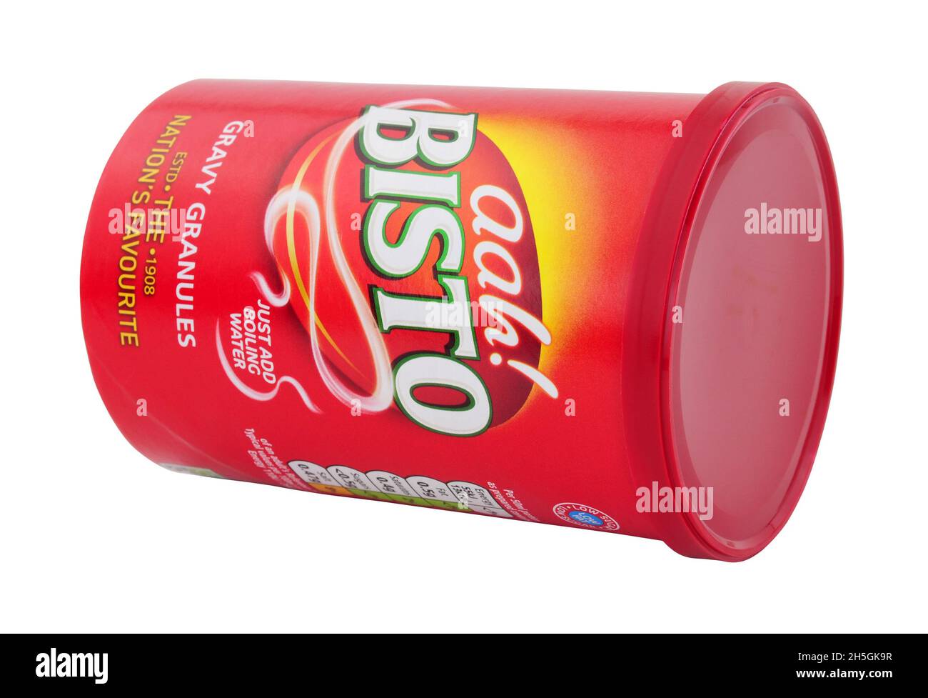 Confezione non aperta di granuli di Bisto sugo isolati su fondo bianco Foto Stock