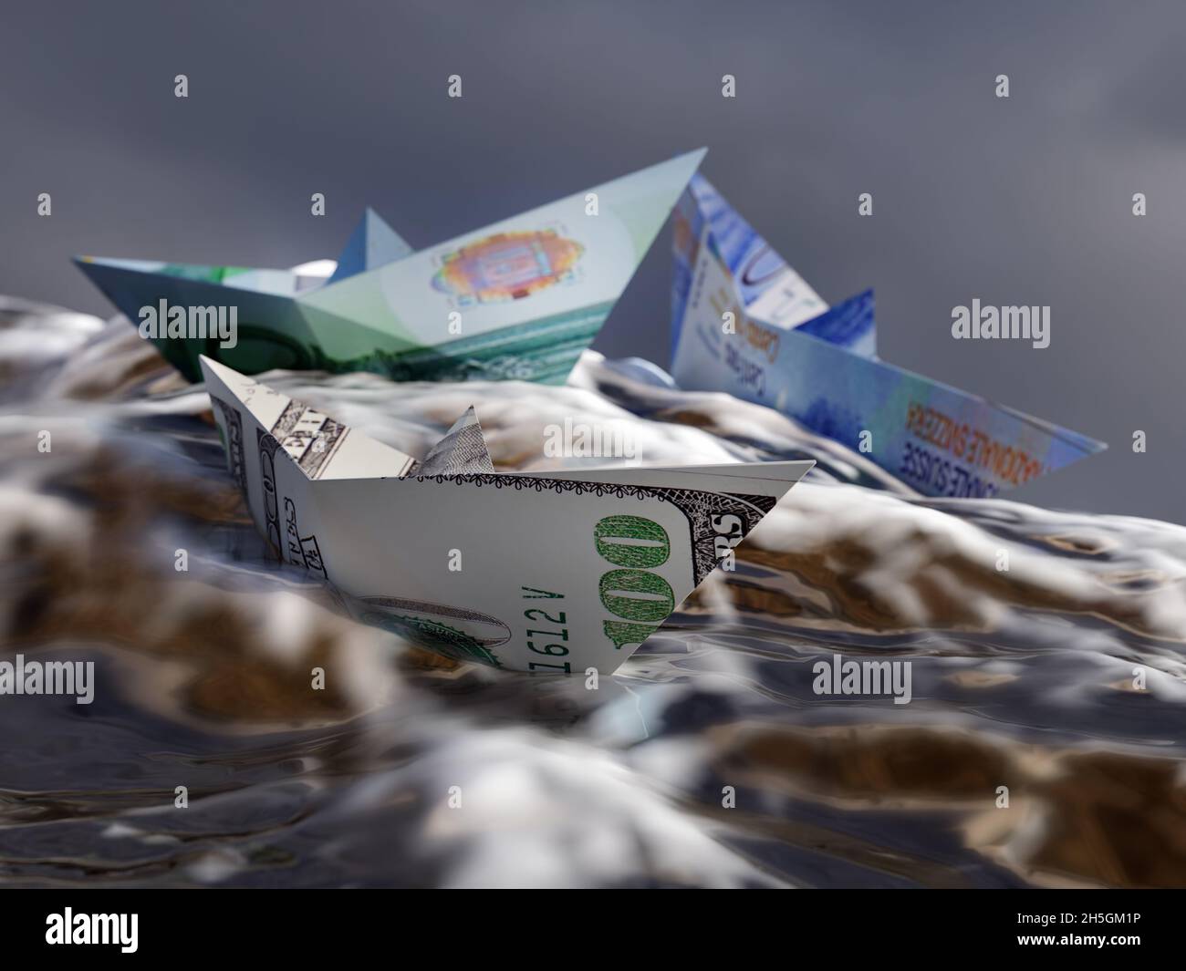 Rendering in 3D di tre barche di carta fatte da dollari USA, euro e banconote in franco svizzero galleggianti su acque piovose Foto Stock