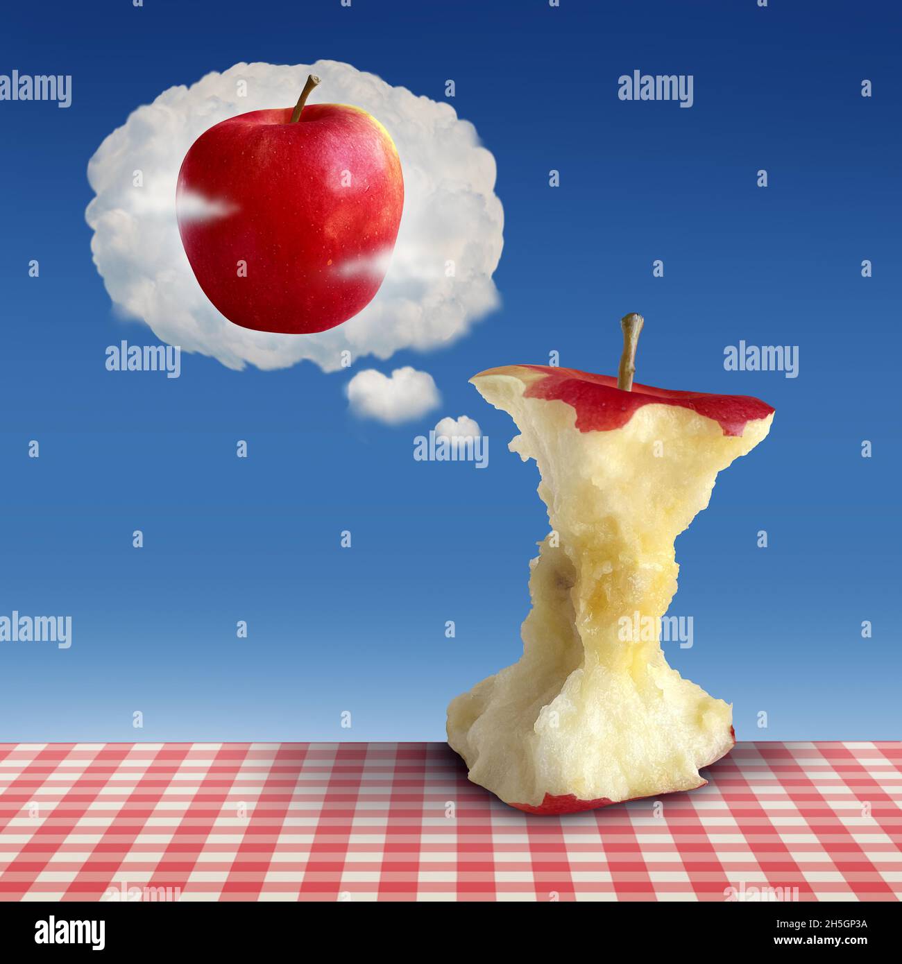 Ricordare i tempi migliori come una mela con prima e dopo o futuro e passato come metafora finanziaria o commerciale. Foto Stock