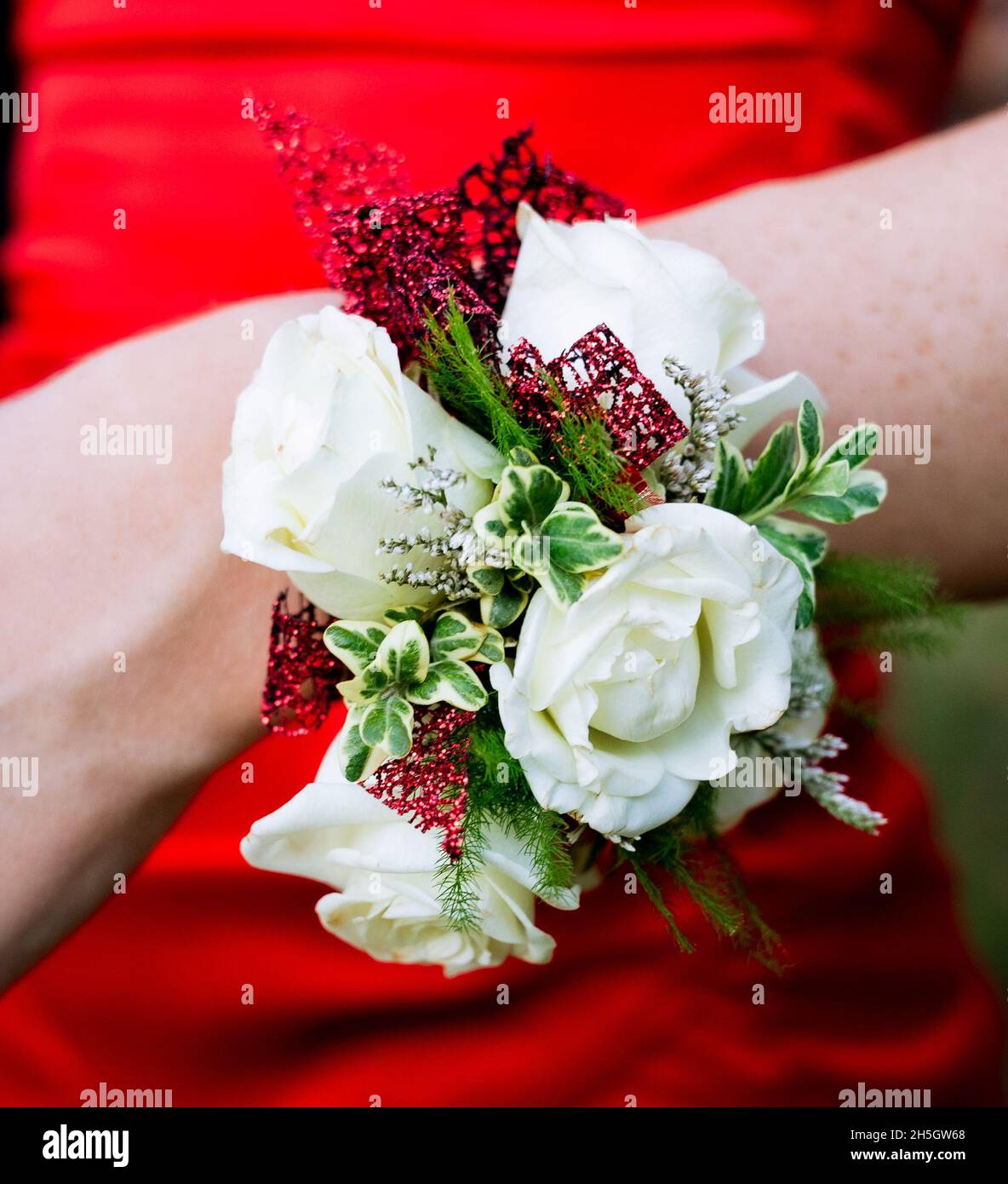 donna vestita di rosso con corsage rosso, bianco e verde Foto Stock