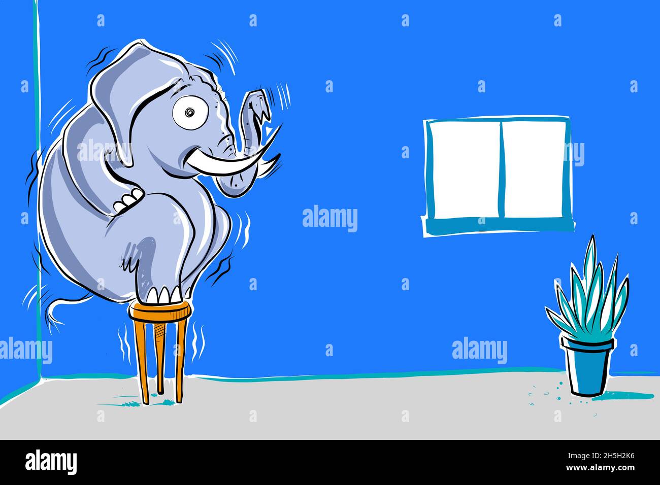 La classica metafora di un elefante in camera in stile fumettistico Foto Stock