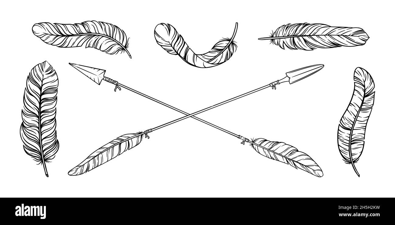 Freccia con piume tribali. Decorativo boho frecce indiane e piume. Disegno azteco nativo o hipster tatuaggio isolato su sfondo bianco Immagine e Vettoriale - Alamy