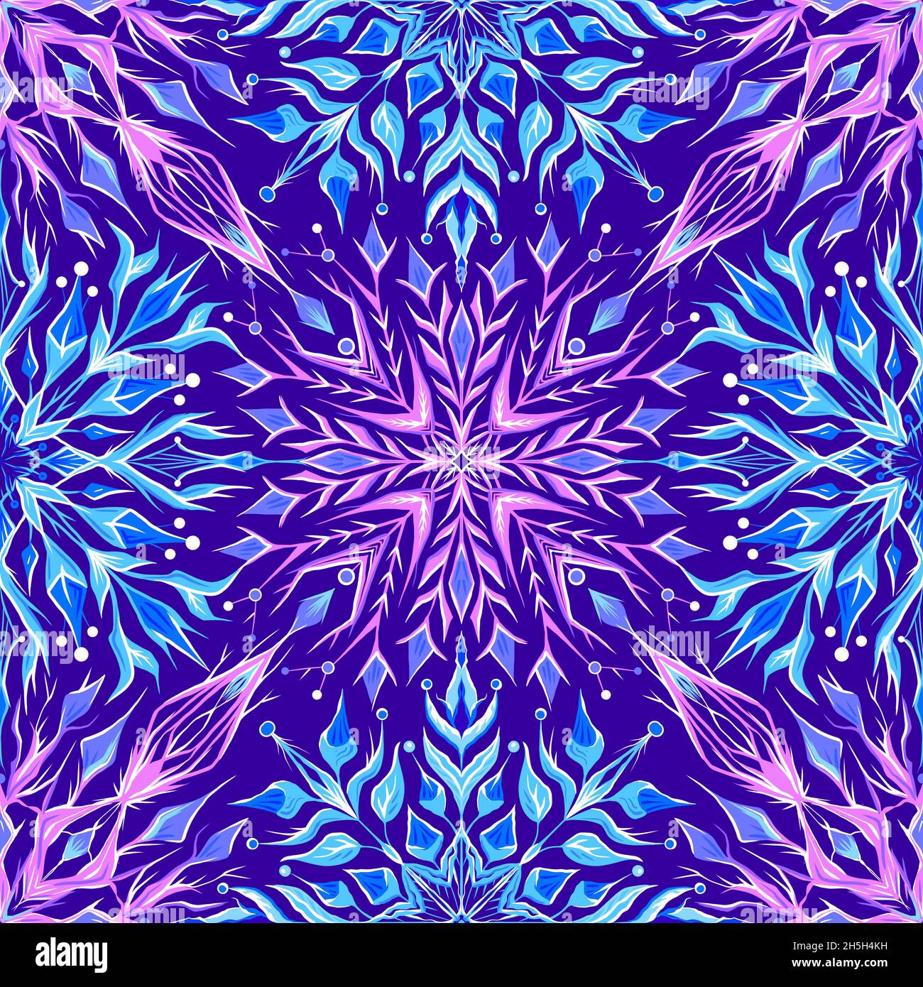 Modello invernale senza cuciture con fiocchi di neve al neon. Ornamento di cristallo luminoso. Texture festosa con mandala ghiacciata su sfondo blu. Carta da parati con viola A. Foto Stock