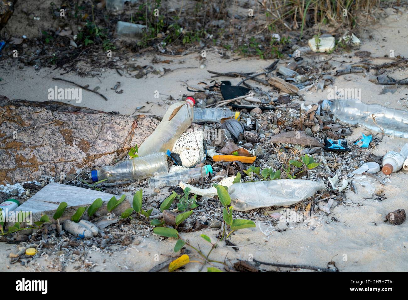 Rifiuti di plastica lavati in spiaggia, Penisola di Cape York, Queensland settentrionale, Australia Foto Stock