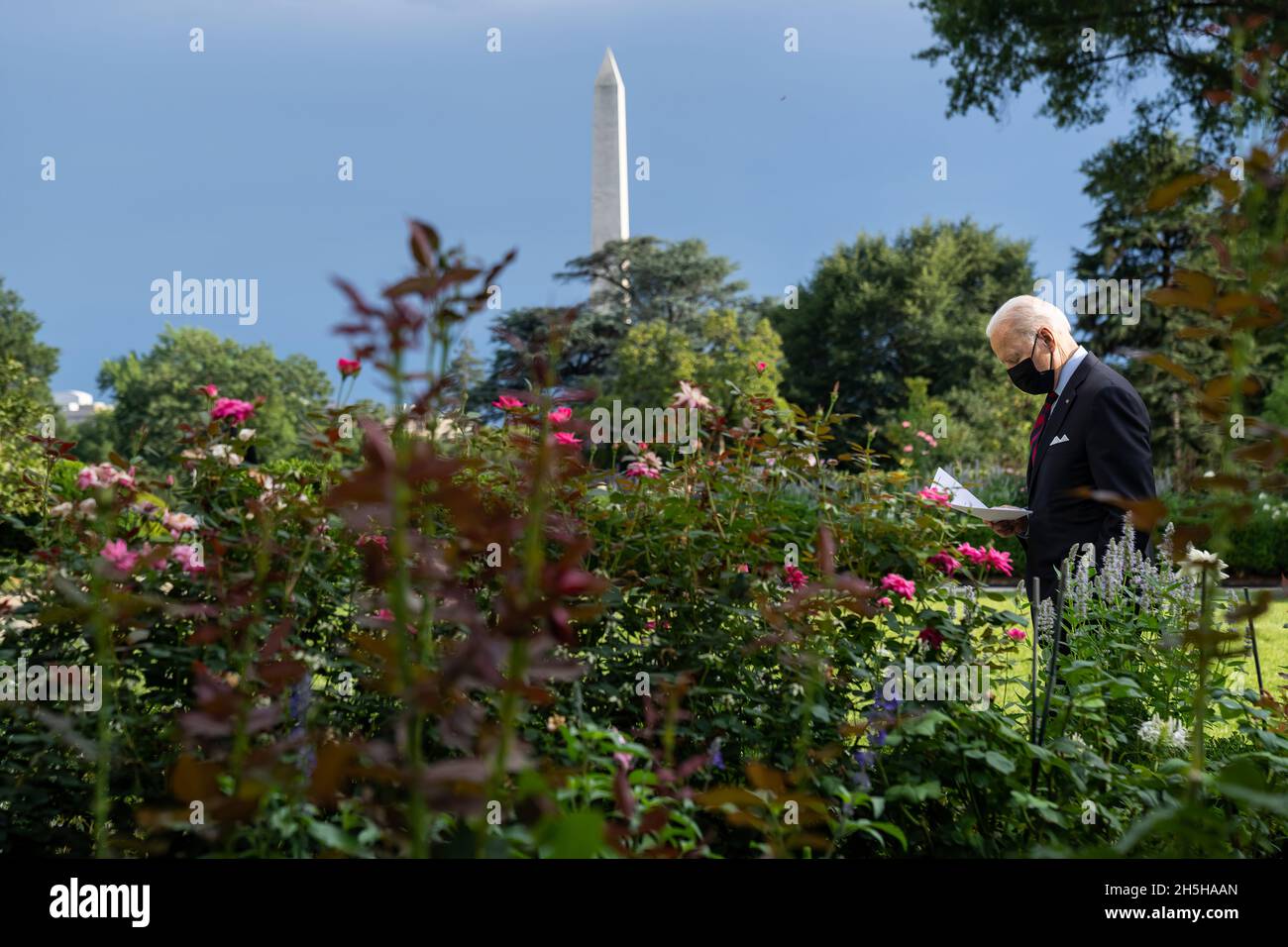 Il presidente Joe Biden cammina attraverso il Giardino delle Rose, lunedì 30 agosto 2021, sulla sua strada per la Biblioteca Casa Bianca. (Foto ufficiale della Casa Bianca di Adam Schultz) Foto Stock