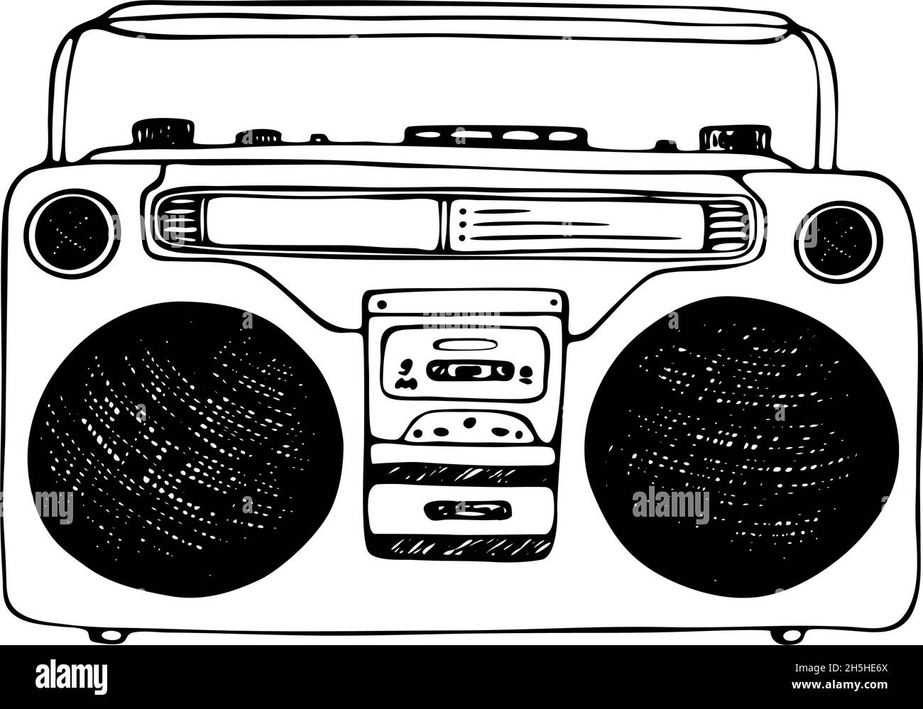 Lettore di dischi retrò. Illustrazione moderna di stile Doodle. Boombox scuola vecchia disegnata a mano isolato su sfondo bianco Illustrazione Vettoriale