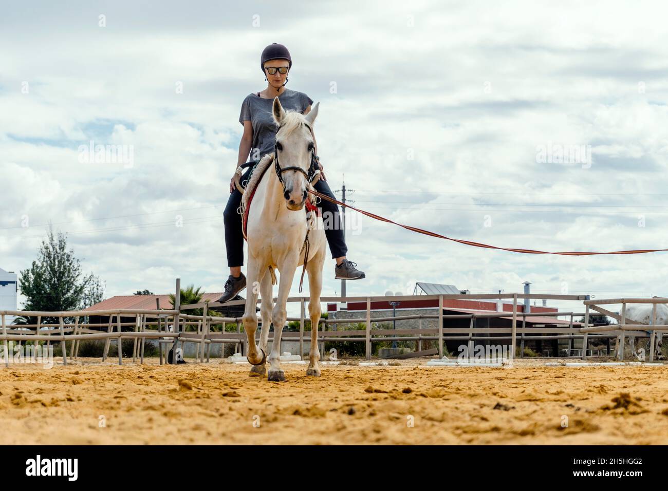Donna che prende lezioni di equitazione in un paddock Foto Stock