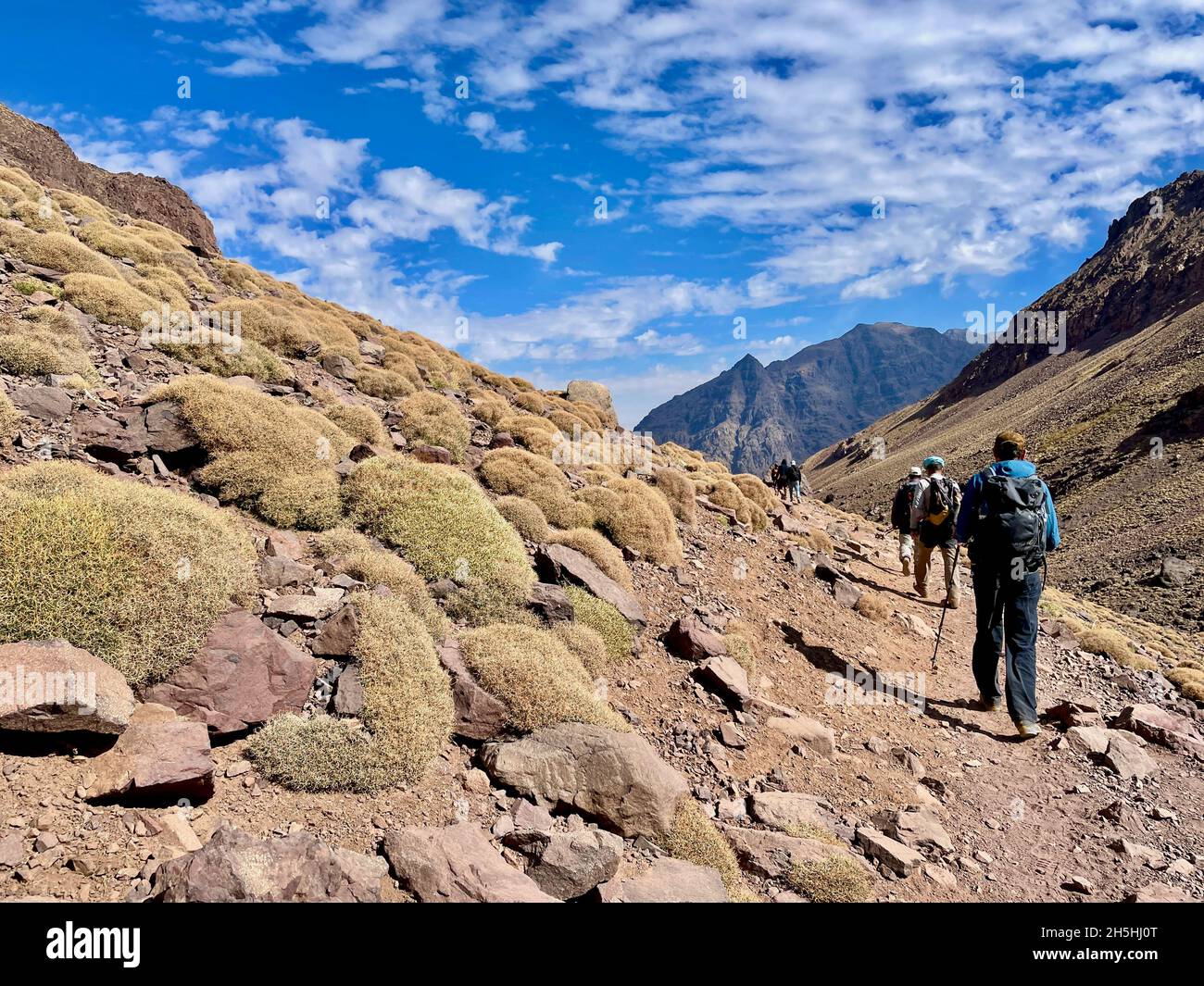 Escursionisti sul trekking Djebel Toubkal, la montagna più alta del Nord Africa nelle montagne dell'Alto Atlante, Marocco. Foto Stock