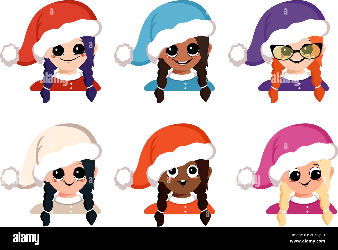 Set di avatar ragazza di diverse nazionalità con grandi occhi e ampio sorriso felice a Santa Hat. Testa di bambino con volto gioioso in costume festivo per Capodanno e Natale. Illustrazione Vettoriale