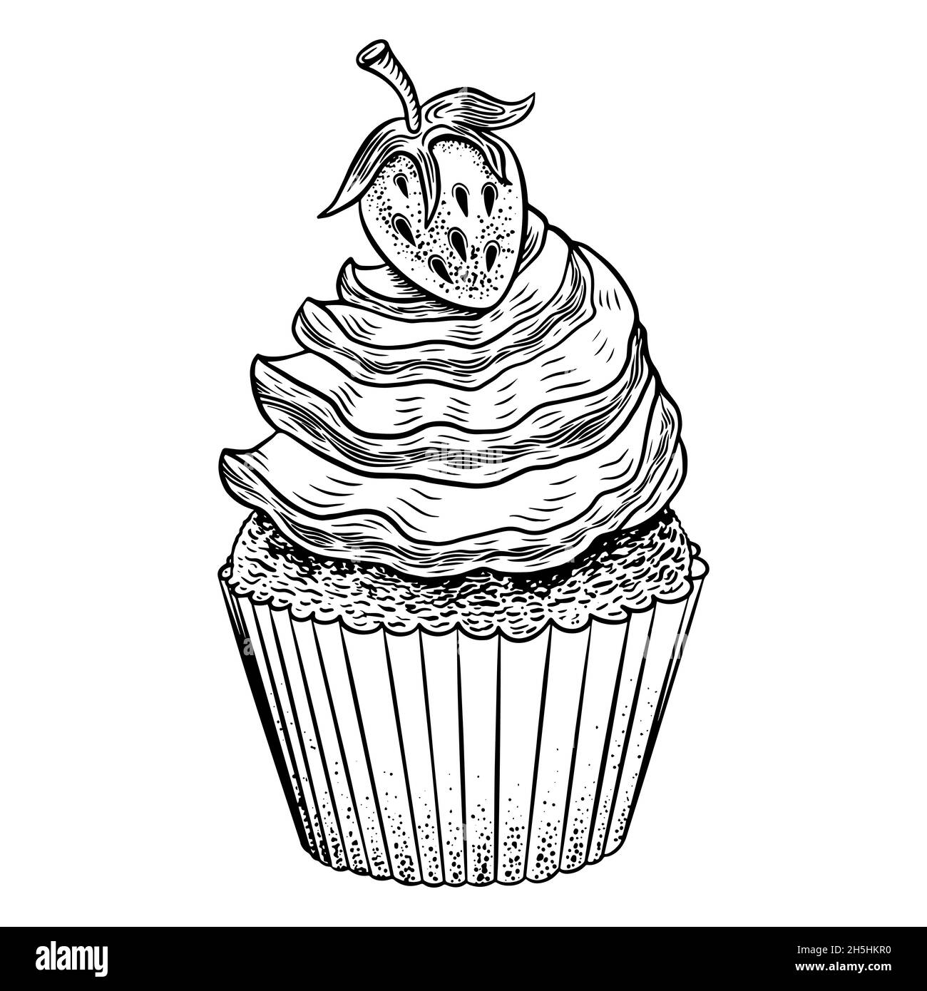 Schizzo di cupcake disegnato a mano. Muffin dolci con fragola isolata su sfondo bianco. Illustrazione vettoriale. Illustrazione Vettoriale