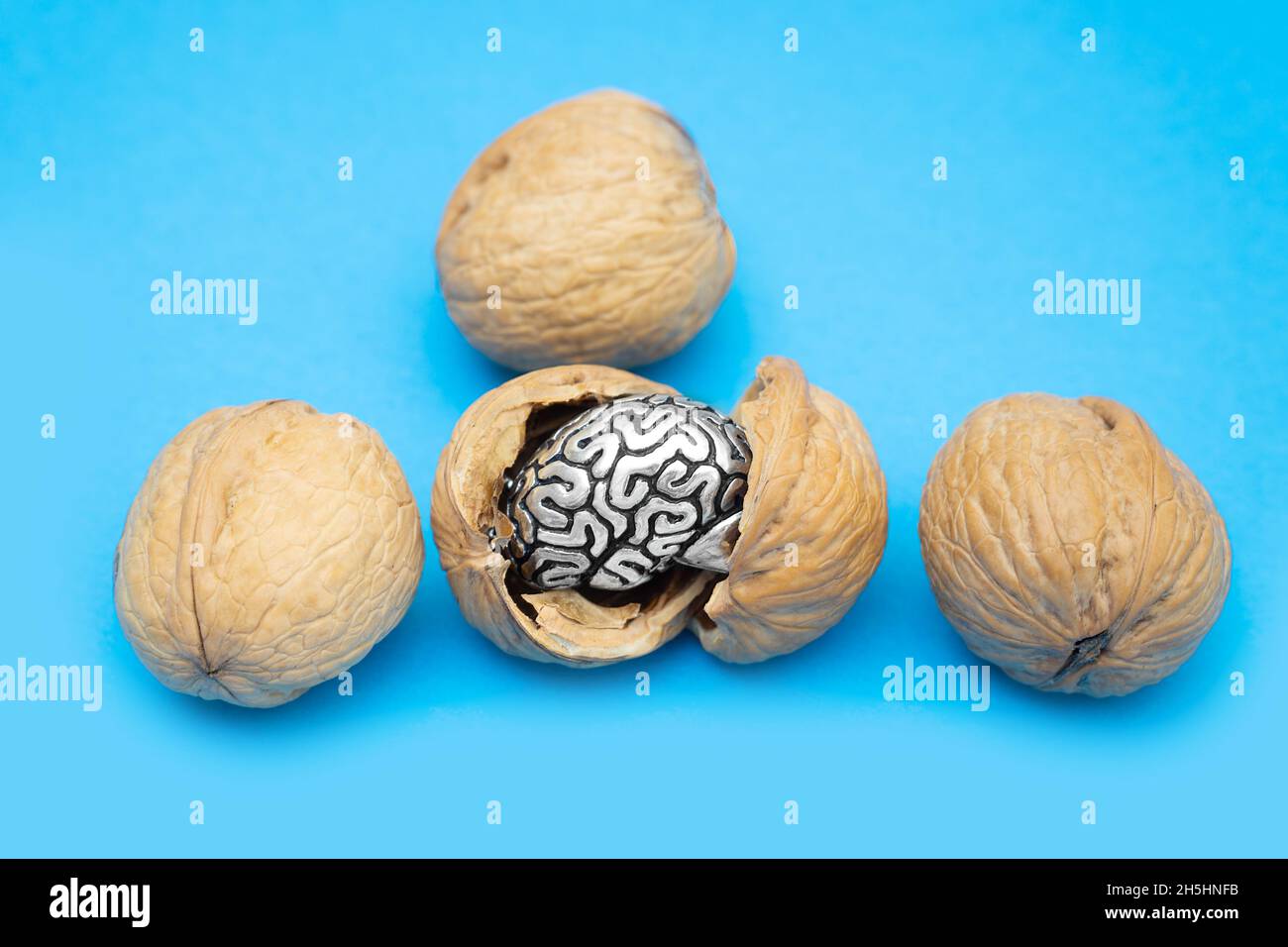 Noci con una copia in acciaio in miniatura di un cervello umano in una noce su sfondo blu. Ruolo delle noci nel mantenere la salute del cervello con l'età. Foto Stock