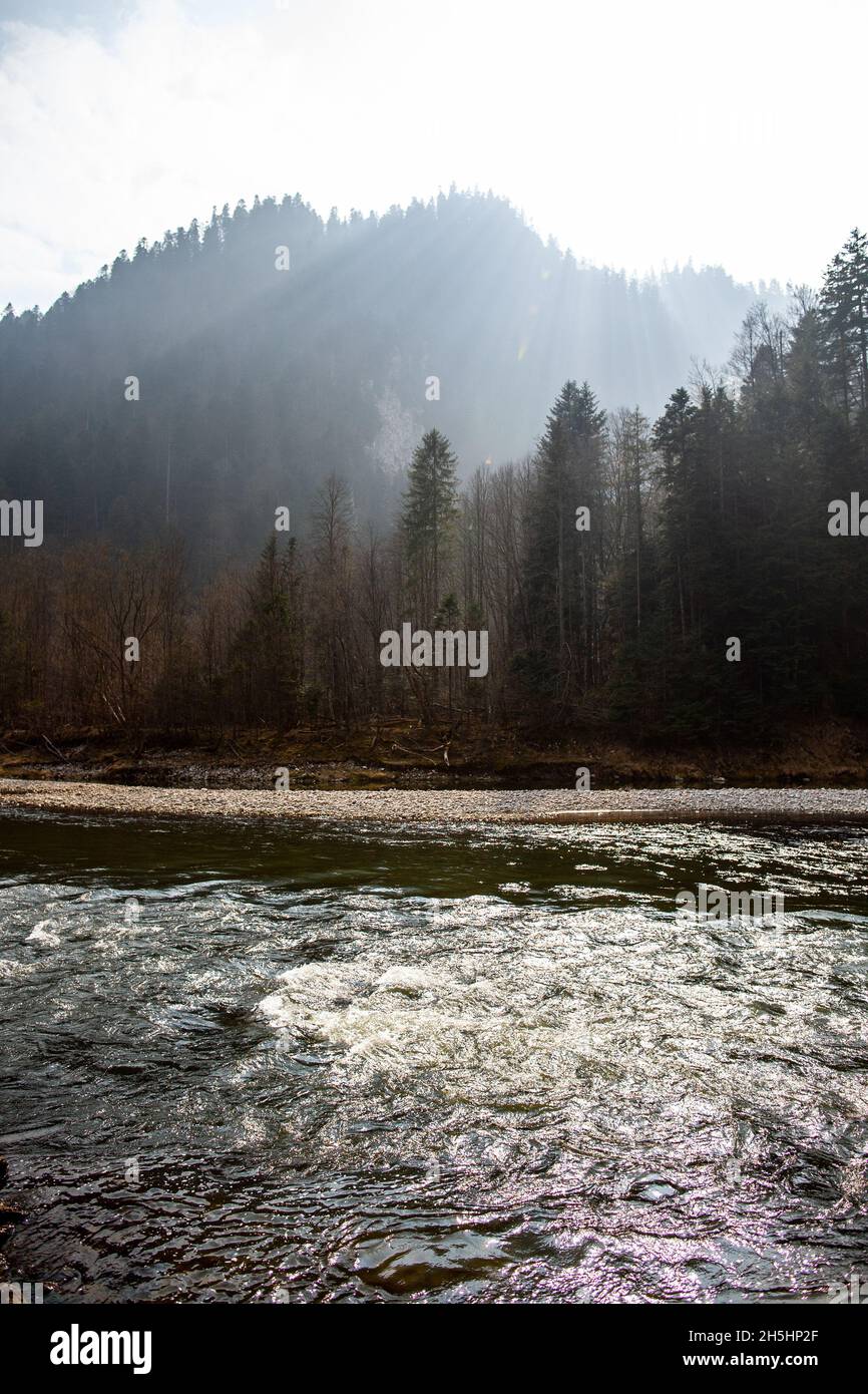 Sunbeams Sun splende sulle scogliere coperte di foresta di conifere sul paesaggio mozzafiato del fiume | Dunajec River Gorge in autunno, Pieniny National Park Foto Stock