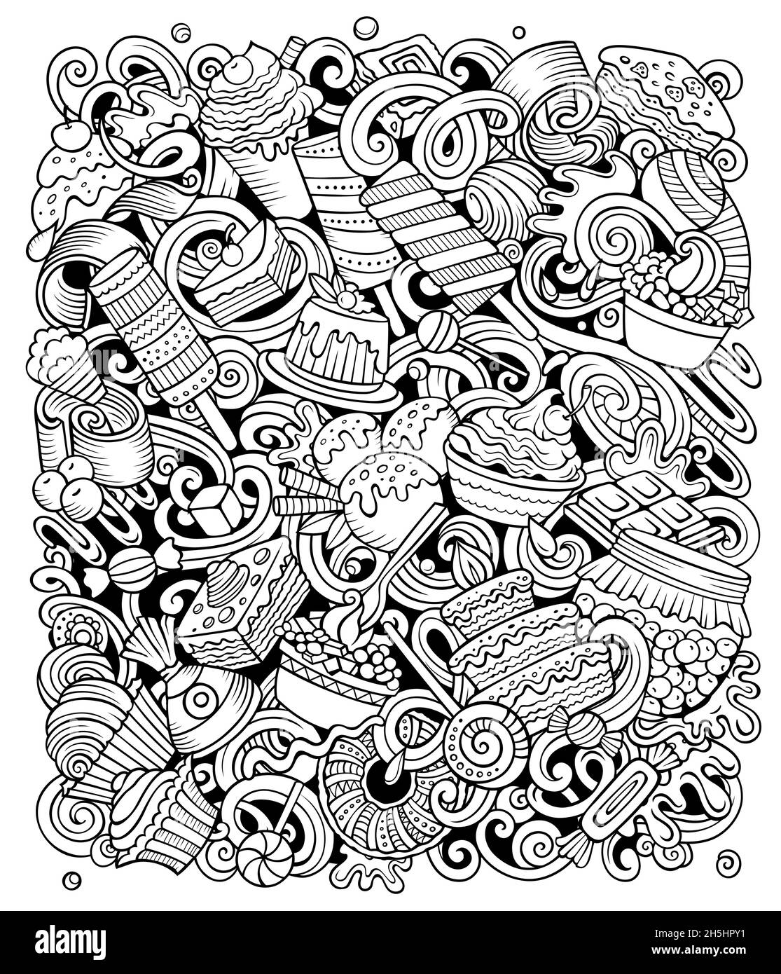 Illustrazione dei doodles vettoriali del fumetto del cibo dolce. Dessert poster design. Elementi di confezione e sfondo di oggetti. Immagine divertente di schizzo. Tutti gli elementi a Illustrazione Vettoriale