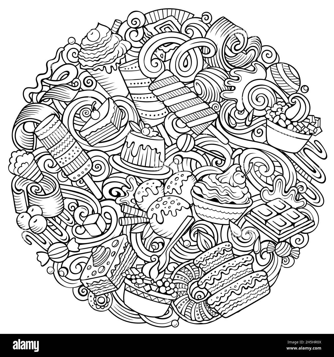 Illustrazione dei doodles vettoriali del fumetto del cibo dolce. Dessert di design rotondo. Elementi di confezione e sfondo di oggetti. Immagine divertente di schizzo. Tutti gli articoli ar Illustrazione Vettoriale
