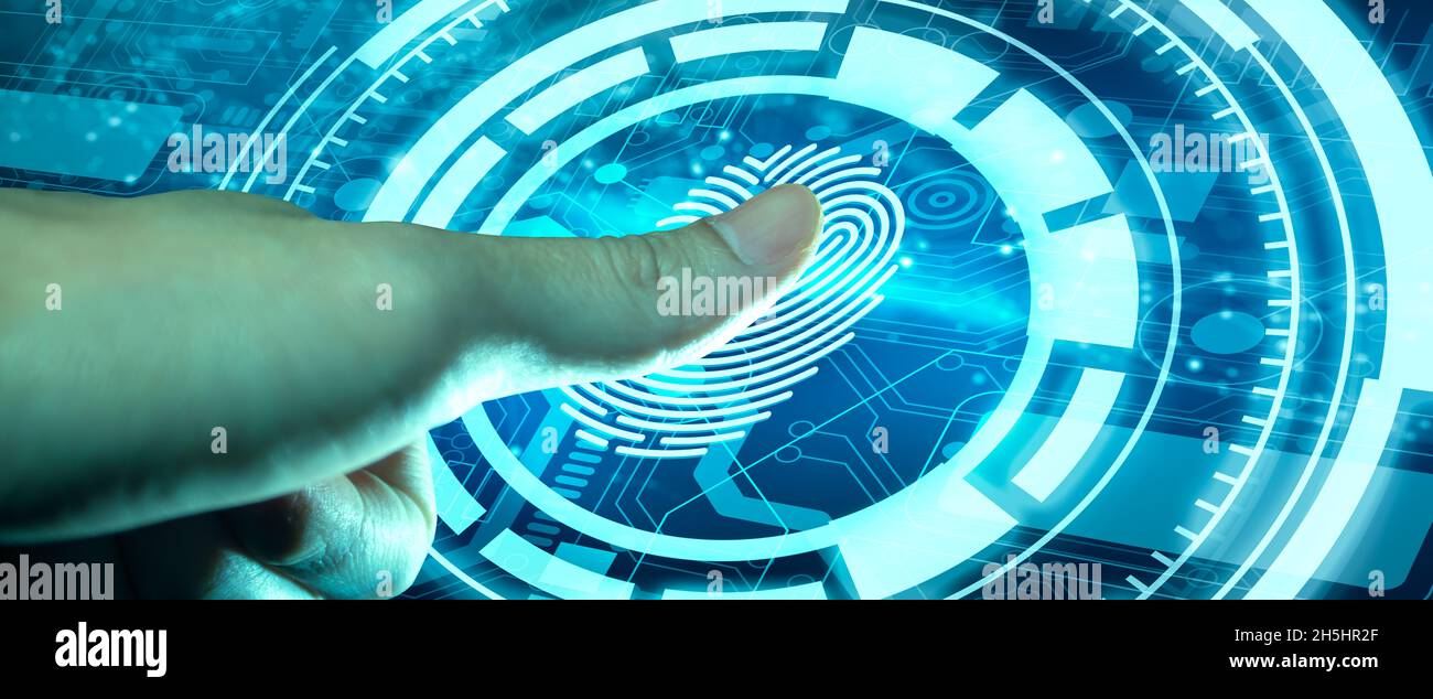 L'uomo d'affari che utilizza la scansione della tecnologia Fingerprint fornisce accesso di sicurezza. Verifica tecnologica avanzata futura e cibernetica. Dati biometrici Foto Stock