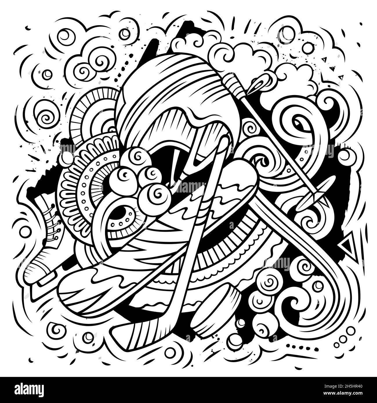 Cartoon vettore Doodles Inverno Sport illustrazione. Line art, dettagliata, con molti oggetti di sfondo. Tutti gli oggetti si separano. Immagine divertente di schizzo Illustrazione Vettoriale
