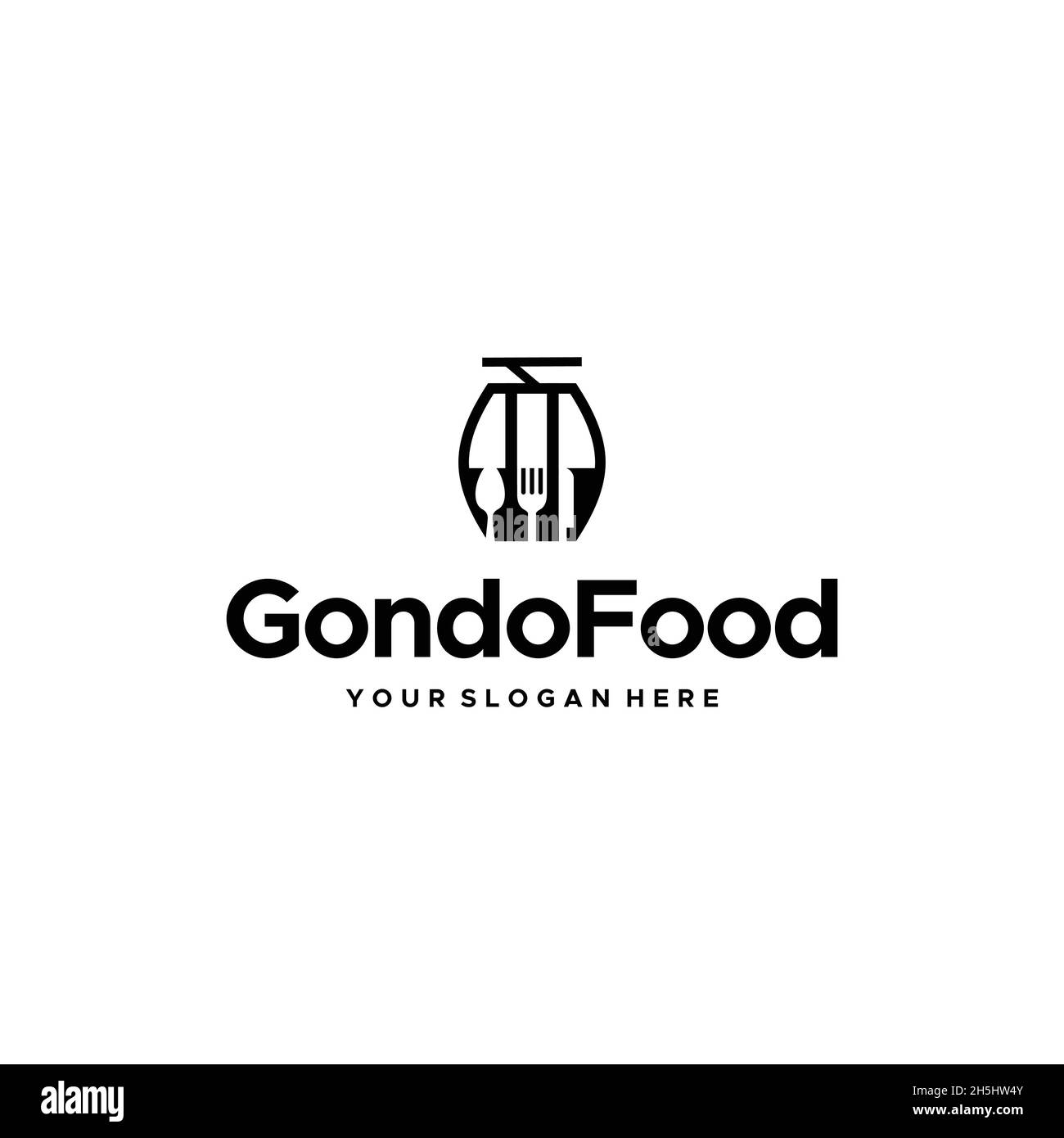 Design minimalista con il logo del coltello a forchetta a cucchiaio GondonFood Illustrazione Vettoriale