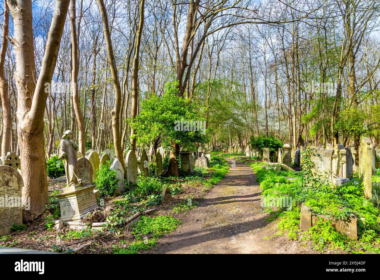 Percorso fiancheggiato da pietre a Highgate Cemetery East, Londra, Regno Unito Foto Stock