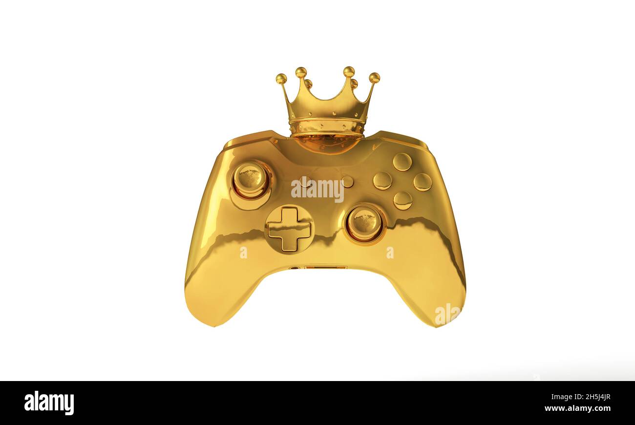 Medaglia vincente d'oro per videogiochi. Controller di gioco con una corona d'oro. Rendering 3D Foto Stock