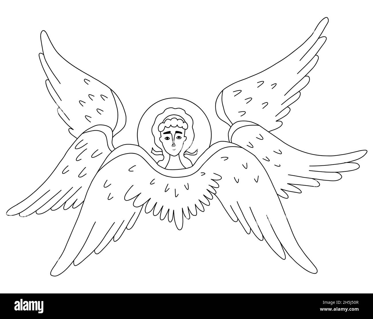 Simbolo religioso. Seraph, Angelo a sei alate. Illustrazione vettoriale. Linea di disegno contorno. Carattere celeste per disegno e decorazione di conc. Religioso Illustrazione Vettoriale