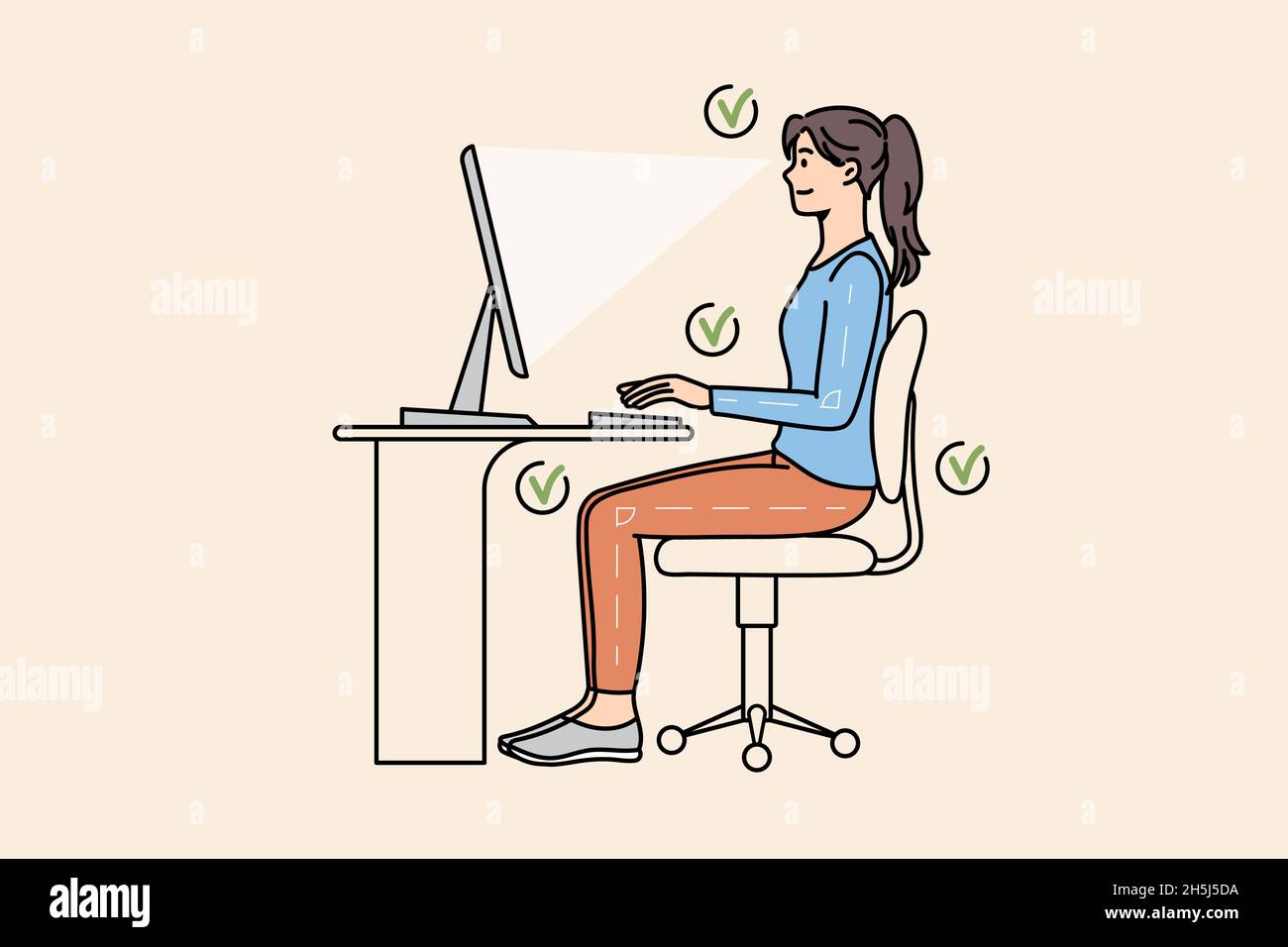 Ragazza seduta al lavoro di scrivania sul computer in posizione corretta. La giovane donna mantiene la giusta distanza tra gli occhi e la postura sul tavolo del PC. Concetto ergonomico di lavoro in ufficio. Illustrazione vettoriale, carattere cartoon. Illustrazione Vettoriale