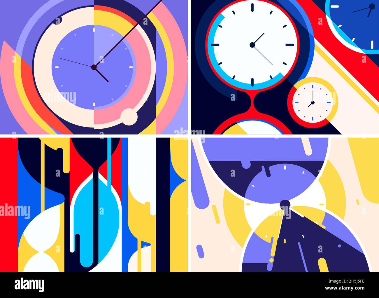 Collezione di striscioni con orologi. Disegni di cartellonistica in stile astratto. Illustrazione Vettoriale