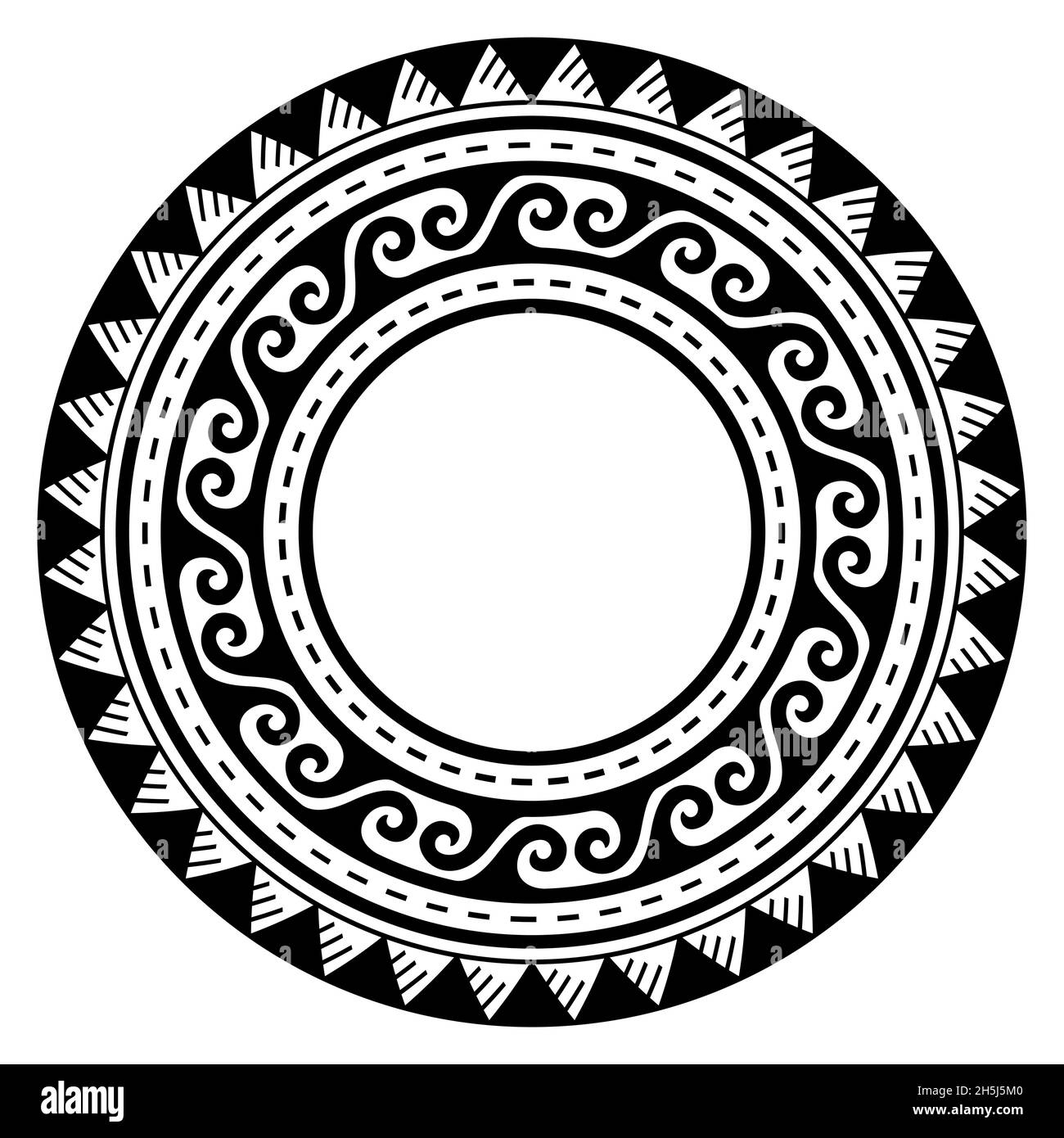 Telaio rotondo o design vettoriale di bordo in stile tatuaggio hawaiano polinesiano, motivo a onde tribali boho ispirato all'arte tradizionale geometrica Illustrazione Vettoriale