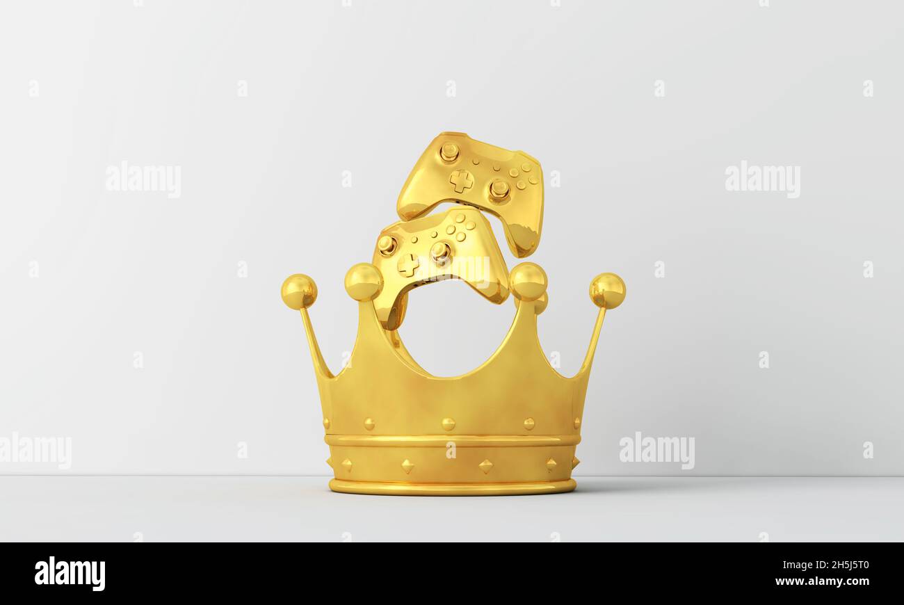 Medaglia vincente d'oro per videogiochi. Controller di gioco con una corona d'oro. Rendering 3D Foto Stock
