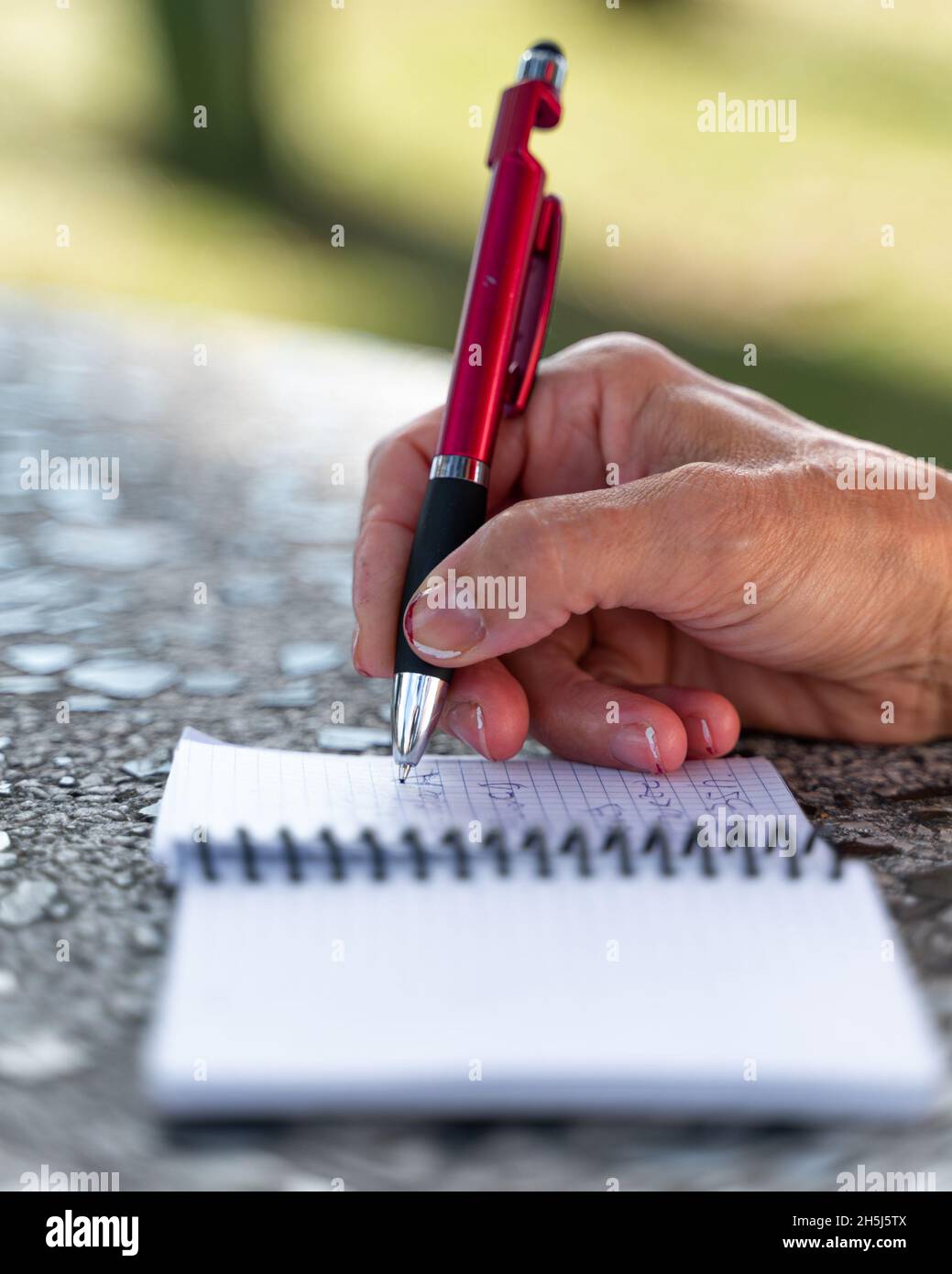 Ritagliare le note scritte da persone anonime con una penna in un notebook Foto Stock