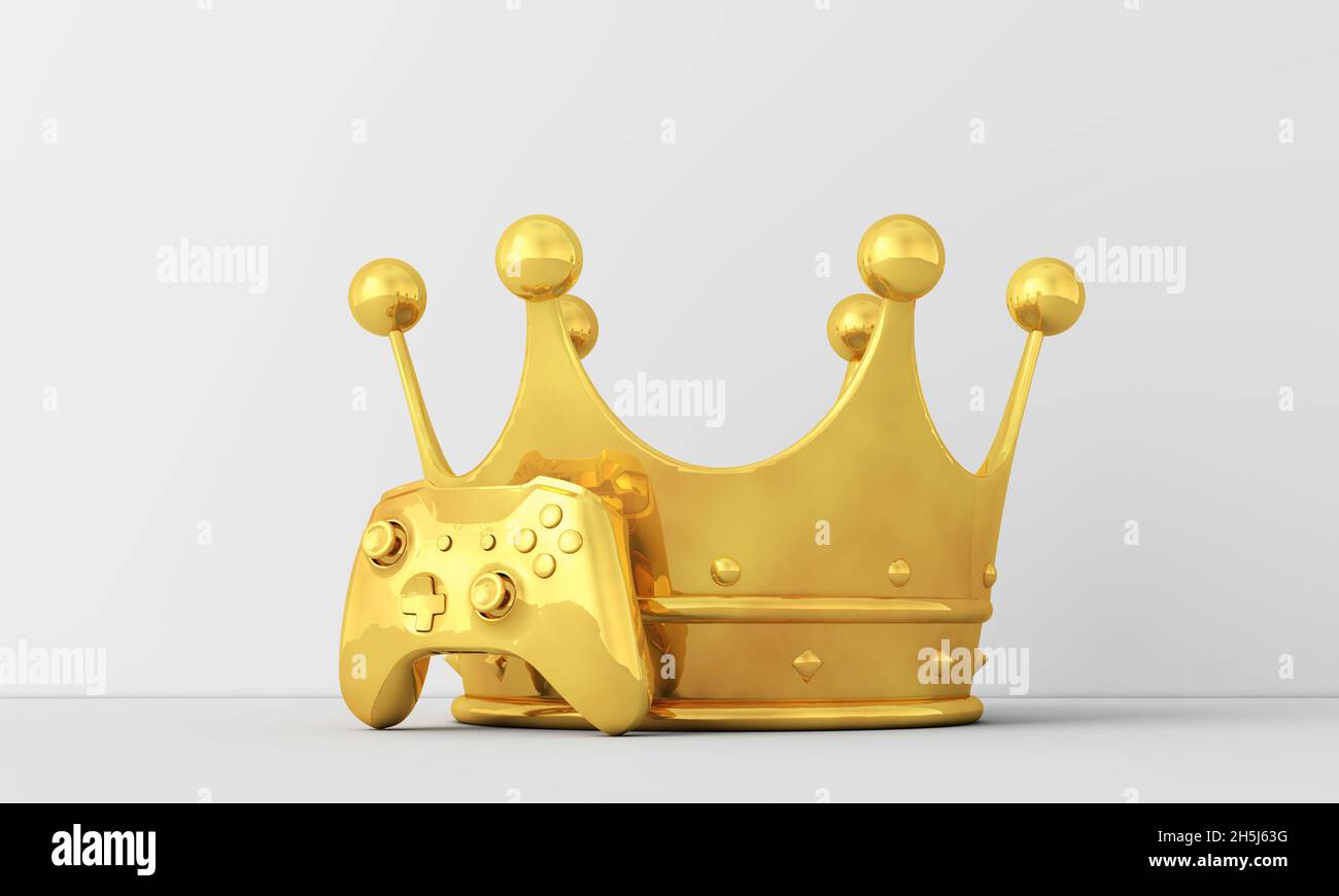 Medaglia vincente d'oro per videogiochi. Controller di gioco con una corona d'oro. Rendering 3D Foto Stock
