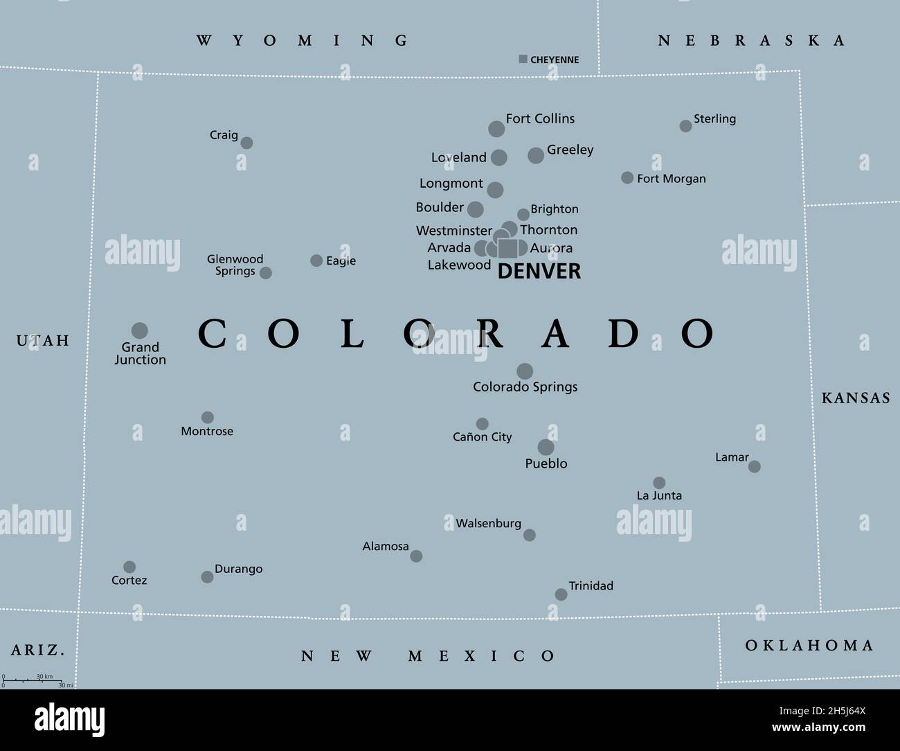 Colorado, CO, mappa politica grigia, con la capitale Denver e le città più importanti. Stato nella subregione Mountain West degli Stati Uniti occidentali Foto Stock