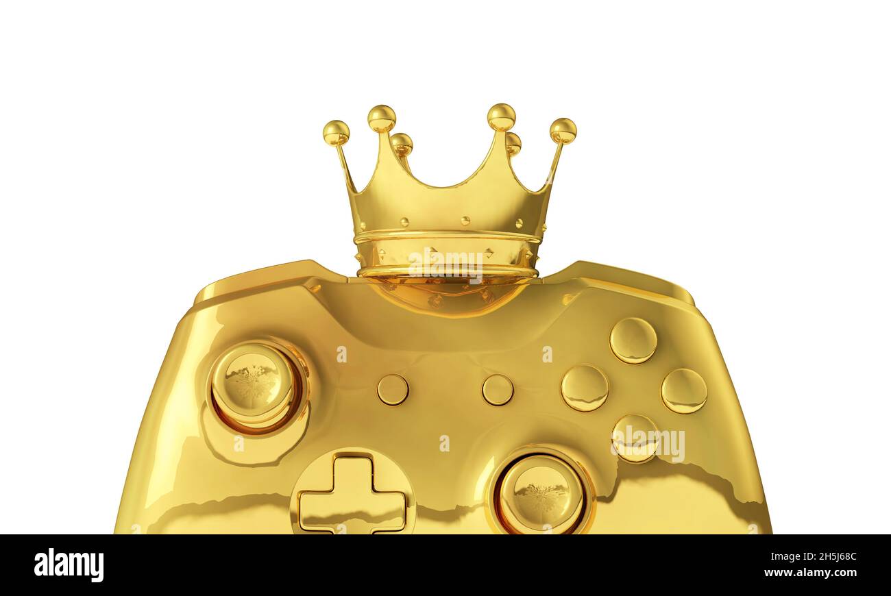 Medaglia vincente d'oro per videogiochi. Controller di gioco con una corona d'oro. Rendering 3D Foto Stock