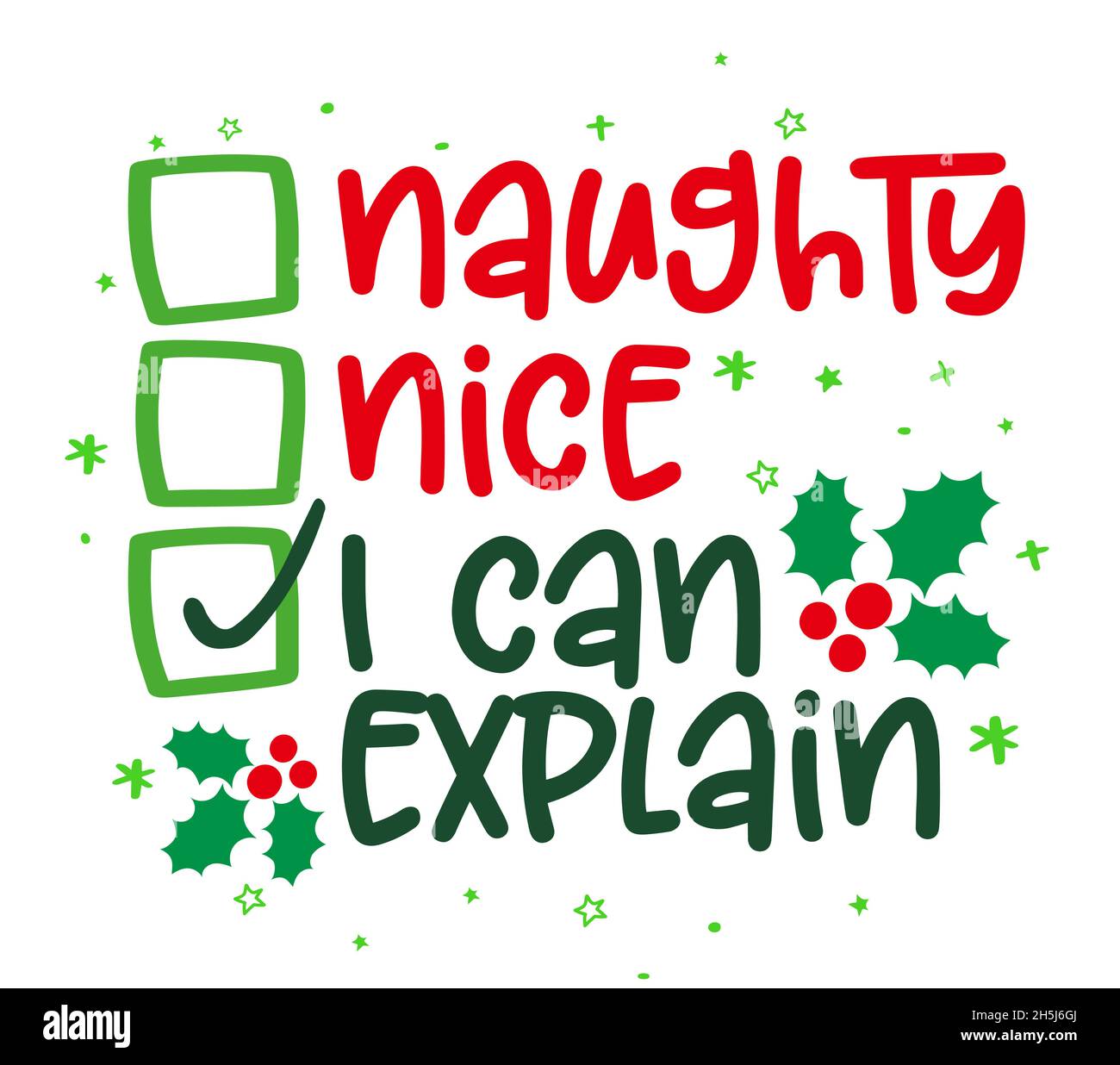 Naughty, piacevole, posso spiegare - frase divertente di calligraphy per Natale. Lettere disegnate a mano per biglietti d'auguri di Natale, inviti. Ideale per t-shirt, m Illustrazione Vettoriale