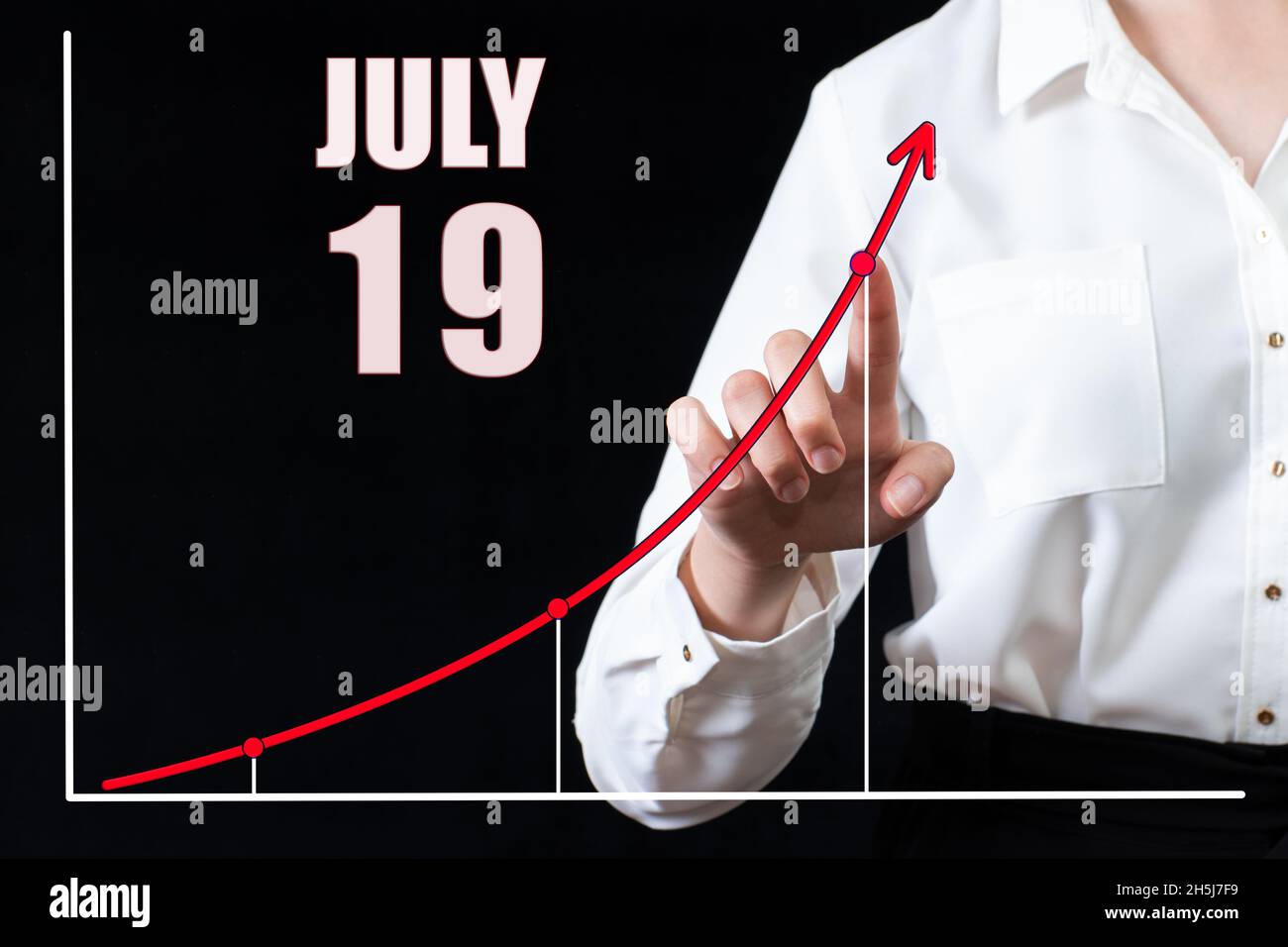19 luglio. La mano di una donna d'affari indica il grafico e un calendario con la data del 19 luglio. Obiettivi aziendali per il giorno. Mese estivo, giorno o Foto Stock