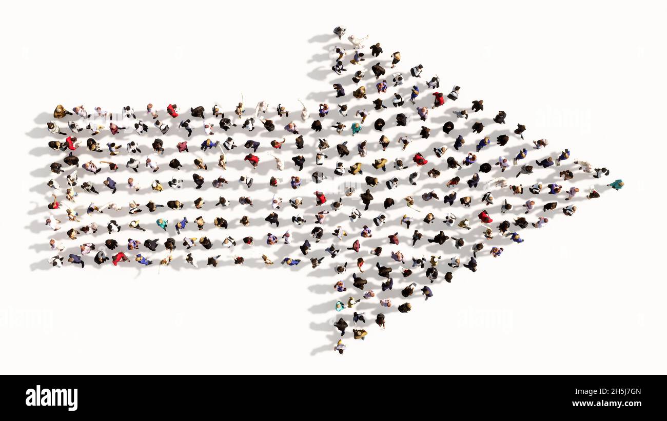 Concetto concettuale grande comunità di persone che formano il cartello stradale. metafora dell'illustrazione 3d per navigazione, strategia, viaggio, guida, scelta Foto Stock