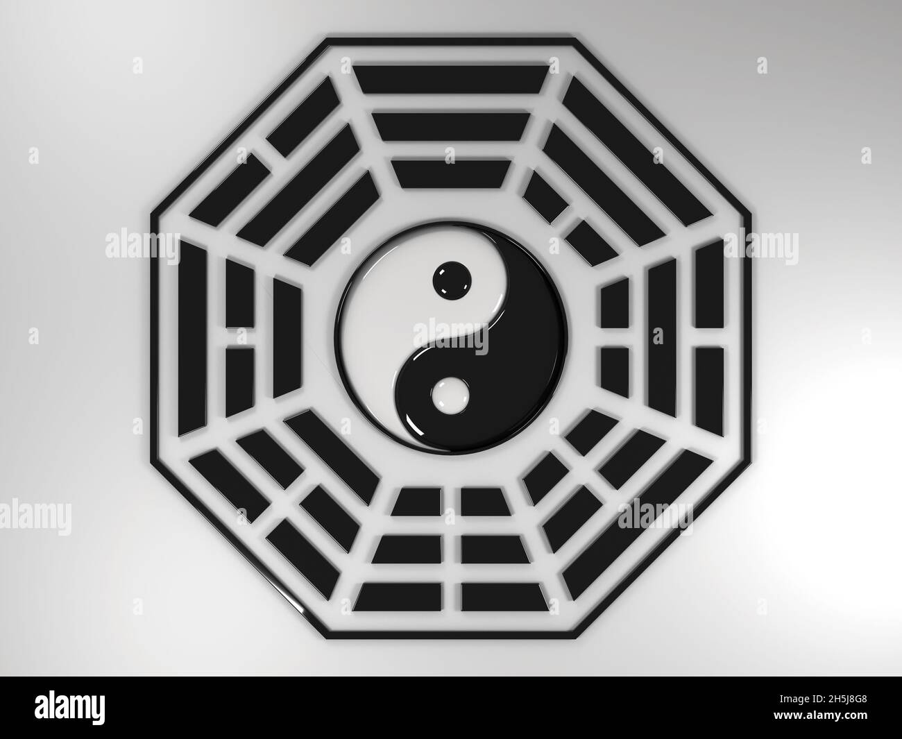 Rendering 3d dell'antico simbolo di bagua (yin e yang, i-Ching) con un aspetto lucido liquido Foto Stock