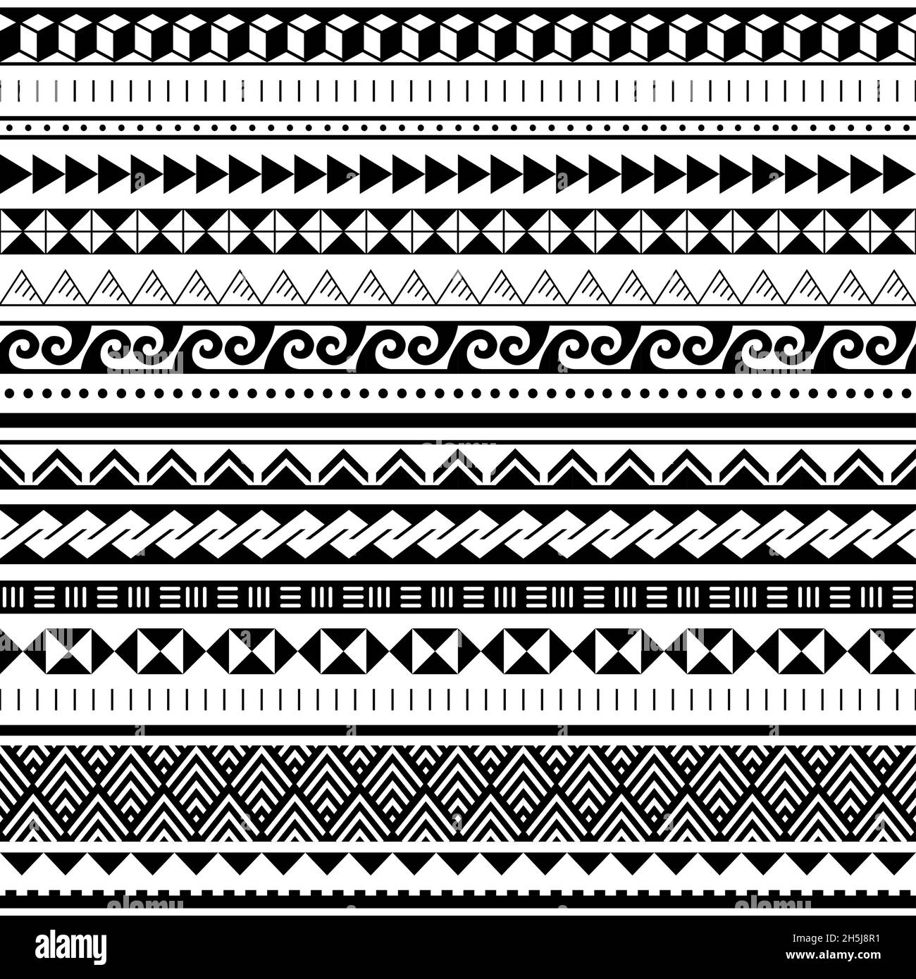 Set di motivi vettoriali senza cuciture geometriche tribali polinesiani, collezione hawaiana di design tradizionale ispirata all'arte del tatuaggio Maori Illustrazione Vettoriale