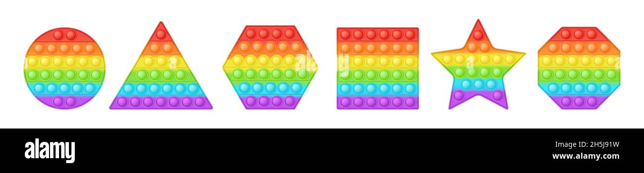 Set di figure geometriche popit come giocattoli in silicone alla moda per fedgets. Varie forme per poster didattico in colori brillanti. Sviluppo sensoriale della bolla Illustrazione Vettoriale