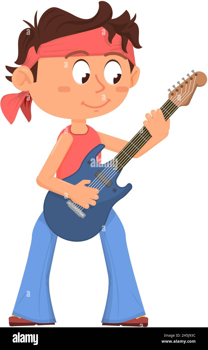 Giovane giocatore di rock. Ragazzo che suona con chitarra elettrica Illustrazione Vettoriale