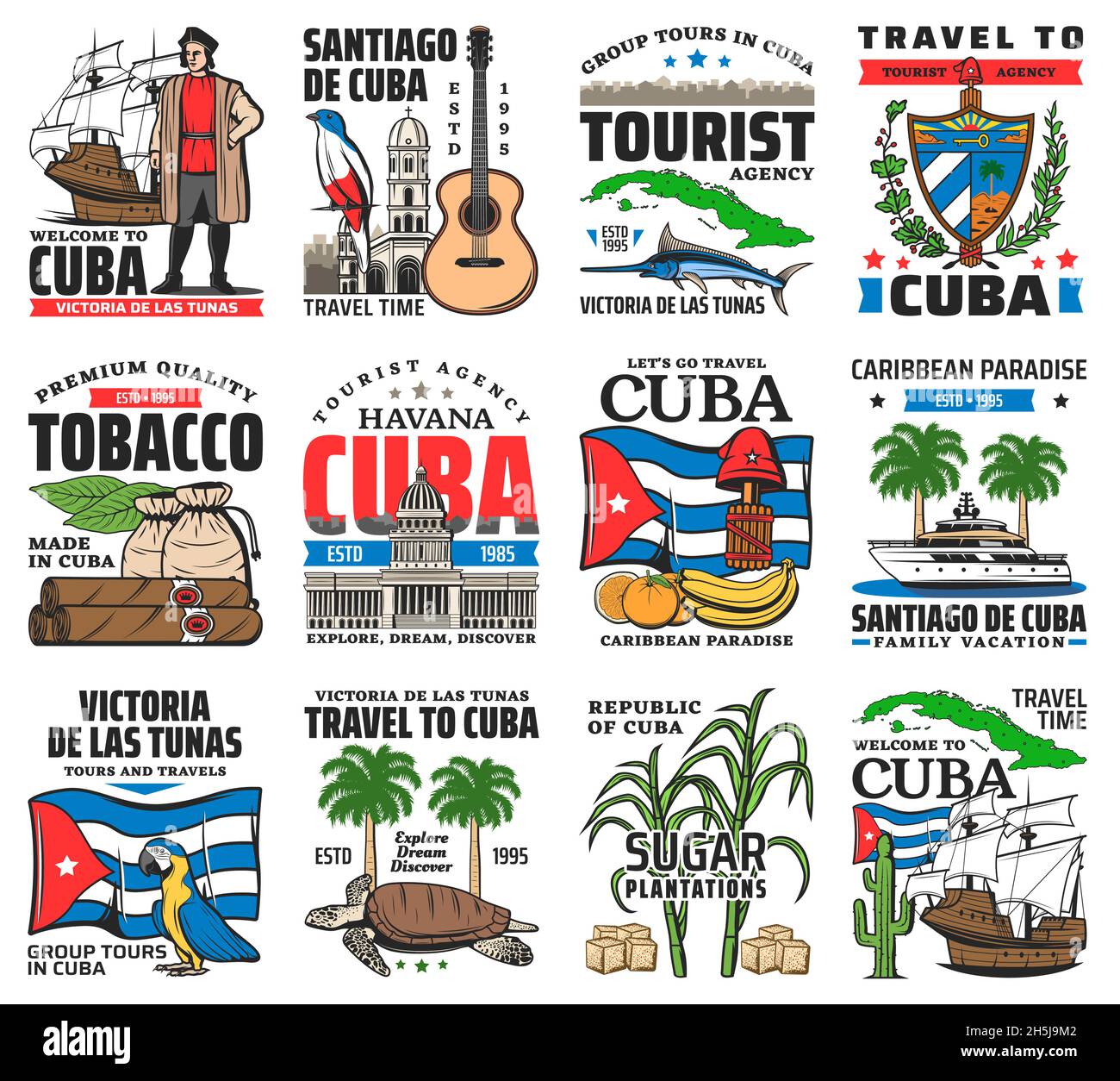 Cuba attrazioni turistiche, havana vacanza tour icone set. Cristoforo Colombo caravel, uccelli tropicali e animali oceanici, architettura cubana A. Illustrazione Vettoriale