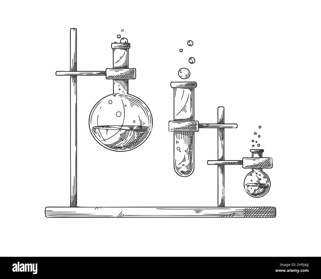 Disegno di oggetti di un laboratorio chimico. Vetreria per un esperimento chimico. Matracci, becher e provette per farmaci vettoriali. Discovery e c Illustrazione Vettoriale