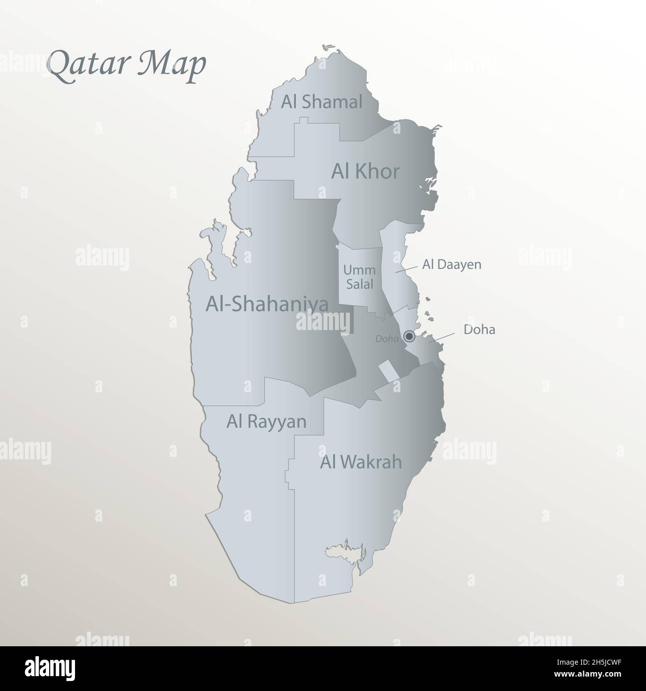 Mappa del Qatar, divisione amministrativa con nomi, carta blu bianca vettoriale 3D Illustrazione Vettoriale