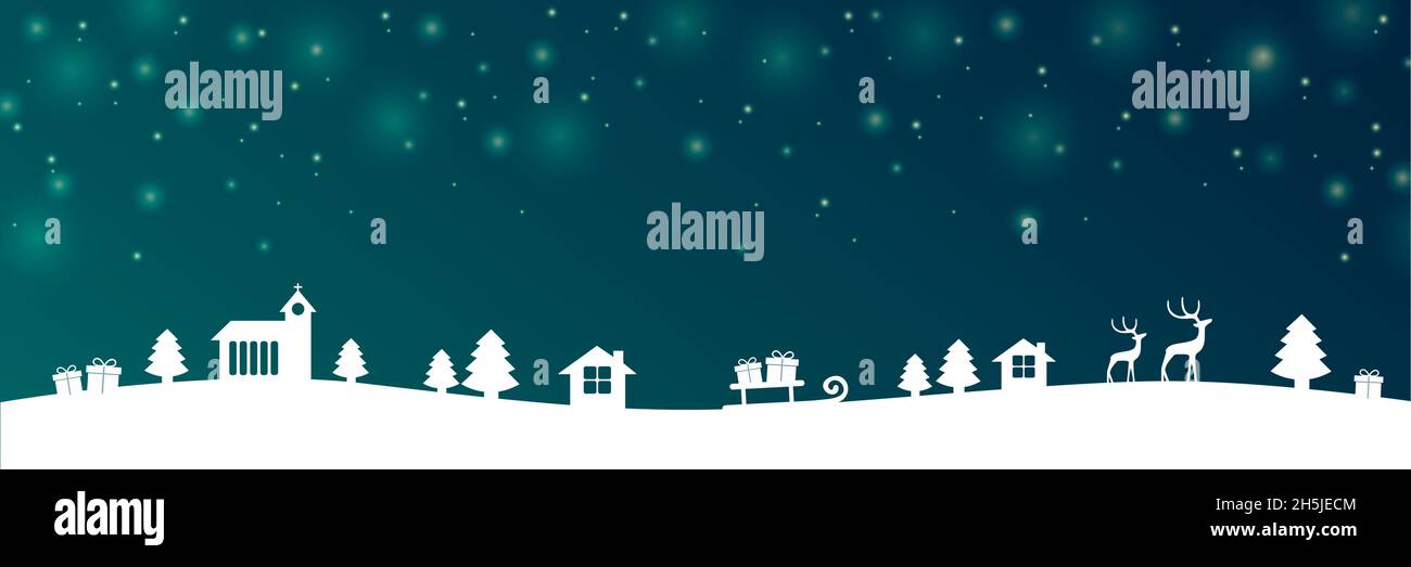 confine di natale con chiesa abeti casa cervo e dono paesaggio Illustrazione Vettoriale
