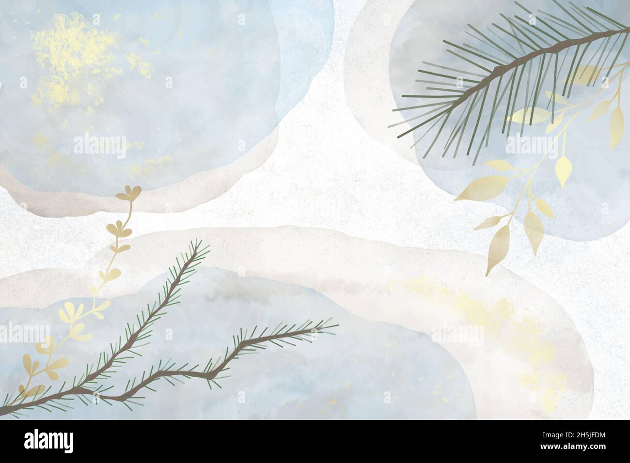 Acquerello sfondo natalizio con rami di abete rosso e pino, con piante dorate e spruzzi. Illustrazione delle vacanze invernali Foto Stock