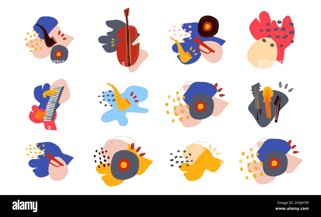 musica jazz band strumenti doodles design isolato su sfondo bianco. Cartoon composizioni prefabbricate per la promozione su poster, schede, pagine web Illustrazione Vettoriale