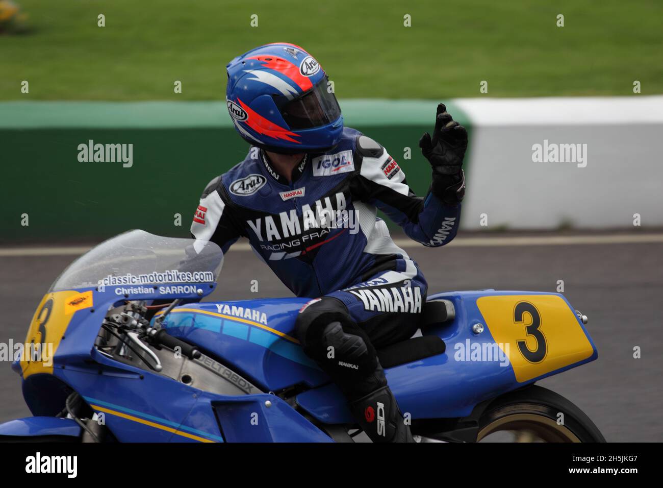 Christian Sarron - YZR500 Yamaha al Mallory Park Foto Stock