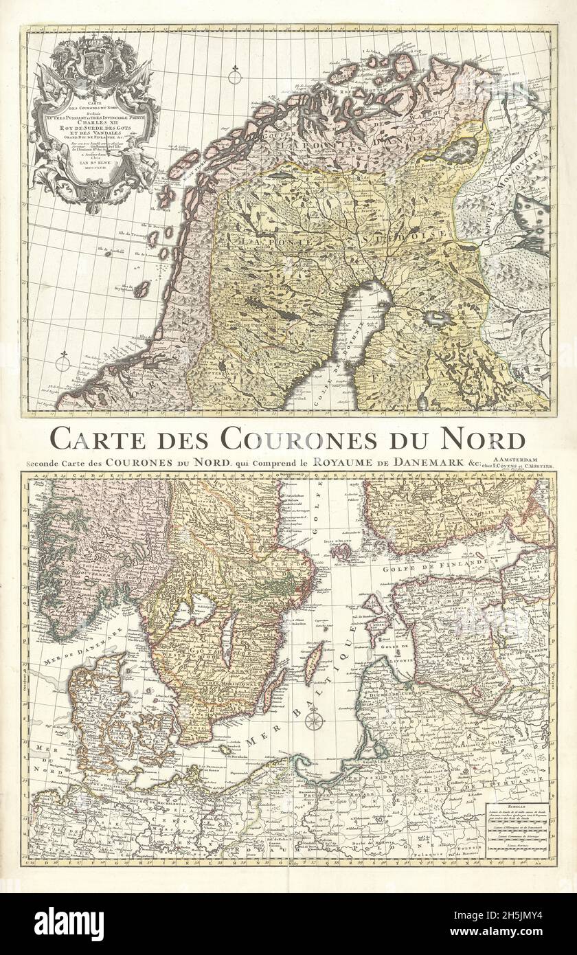 Carte des Courones du Nord - una mappa dei Regni del nord, dedicata all'invincibile Principe Carlo XII, re di Svezia. Mappa della Scandinavia. Foto Stock